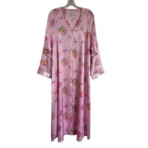 Oscar de la Renta Vintage Pink Yellow Floral Satin Zip Up Robe Pockets Sz Large